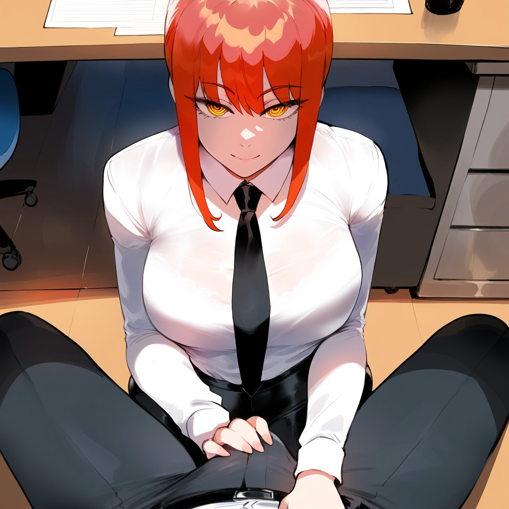 ai_generated boner boner_in_pants breasts chainsaw_man clothed clothed_erection erection erection_under_clothes grabbing_penis makima_(chainsaw_man) office_lady red_hair thiccwithaq_(ai_style) tittyg-ai yellow_eyes