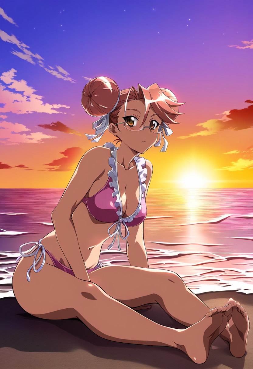 1girls barefoot beach buns clouds doube_bun feet female frilled_bra frills highschool_of_the_dead pink_bikini pink_hair purple_sky sand saya_takagi shadow side_tie_panties sitting sitting_on_ground solo sunset water yellow_eyes