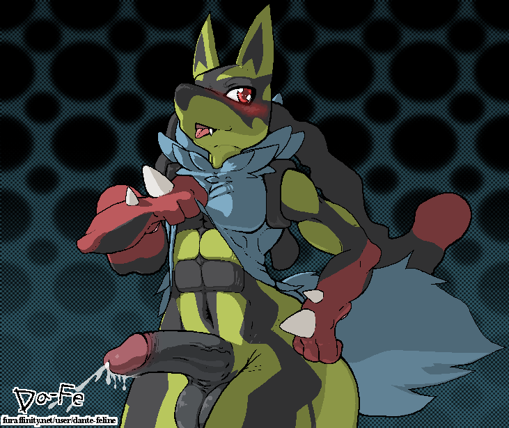 1boy abs anthro balls black_fur blush canine cum dante-feline erection fluffy fur lucario male male_only mammal manly mega_evolution mega_lucario muscles navel nintendo penis pointy_ears pokemon pokemon_(species) red_eyes shadow shiny smile solo spikes teeth tongue uncut vein video_games wide_hips yellow_fur