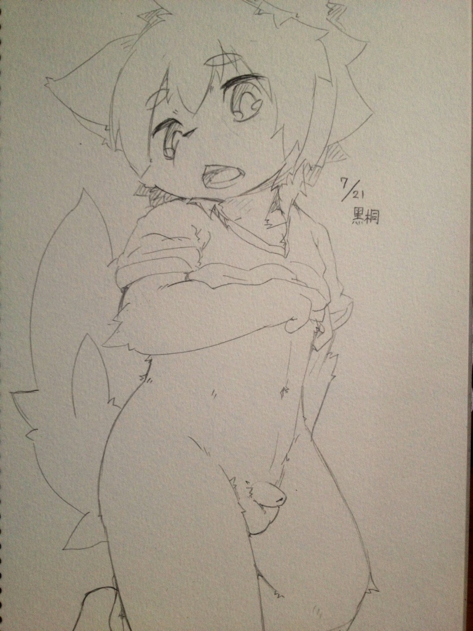 1boy anthro balls big_eyes chubby clothing cute eyebrows hair humanoid_penis kemono male male_only monochrome navel nude open_mouth penis plain_background raised_shirt shirt shirt_lift sirotae_konnta sketch small_penis solo surprised uncut young