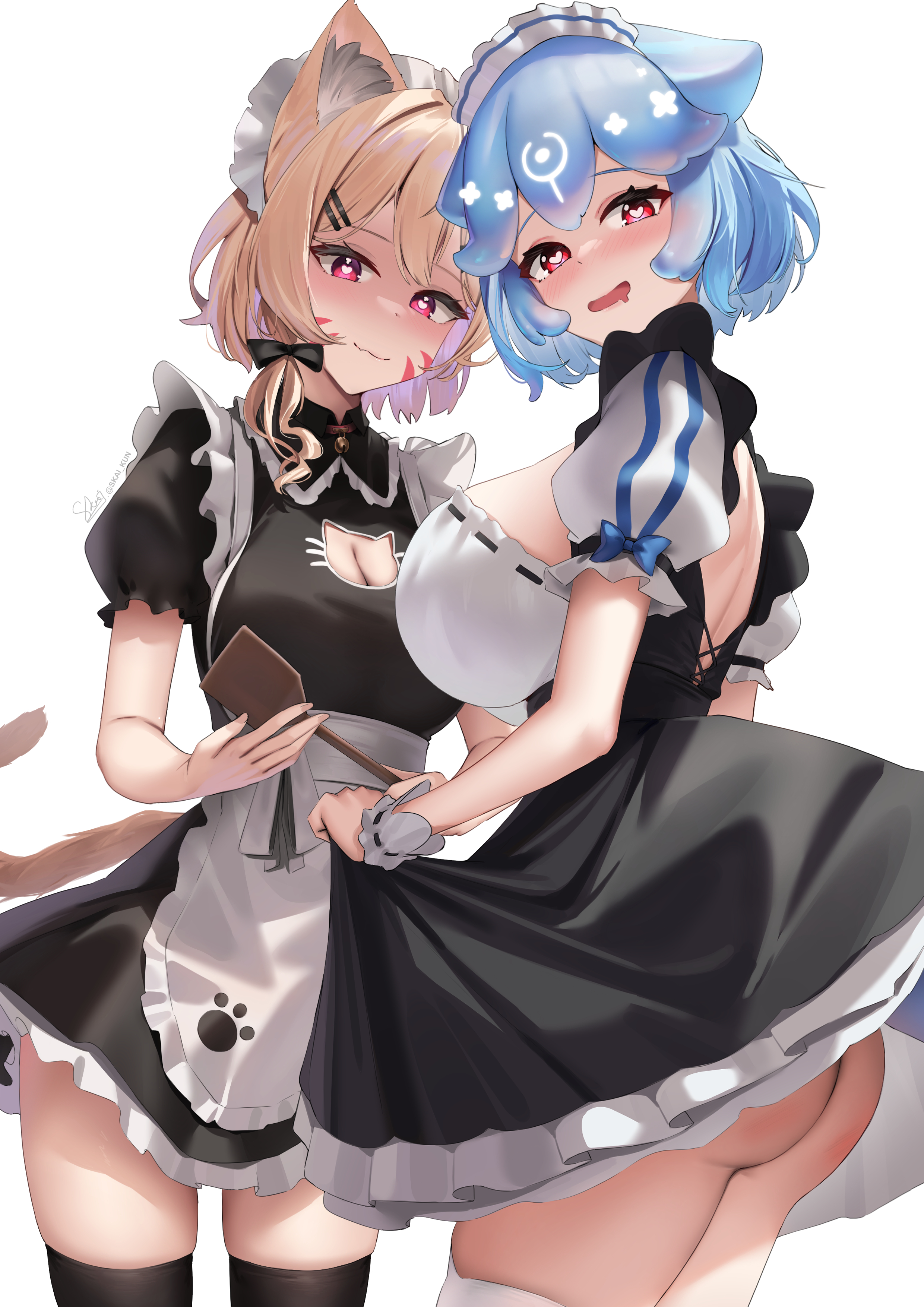 2girls, animal ears, apron, ass, bangs, bao (vtuber), black dress, black legwear, blonde hair, blue hair, blush, breasts, cat ears, cat girl, cat tail, catgirl, cleavage, closed mouth, cowboy shot, dress, eyebrows visible through hair, eyes, face, face markings, female, frills, hair, hair ornament, heart, heart-shaped pupils, humanoid, indie virtual youtuber, large breasts, legs, light skin, light-skinned female, long hair, looking at viewer, maid, maid headdress, multiple females, multiple girls, open mouth, puffy short sleeves, puffy sleeves, red eyes, short hair, short sleeves, skai kun, smile, squchan (vtuber), striped, symbol-shaped pupils, thighhighs, virtual youtuber, vtuber, vyugen, white legwear