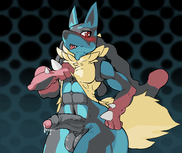 1boy abs anthro balls black_fur blue_fur blush canine cum dante-feline erection fluffy fur lucario male male_only mammal manly mega_evolution mega_lucario muscles nintendo penis pointy_ears pokemon pokemon_(species) red_eyes shadow smile solo spikes teeth tongue uncut vein video_games wide_hips yellow_fur