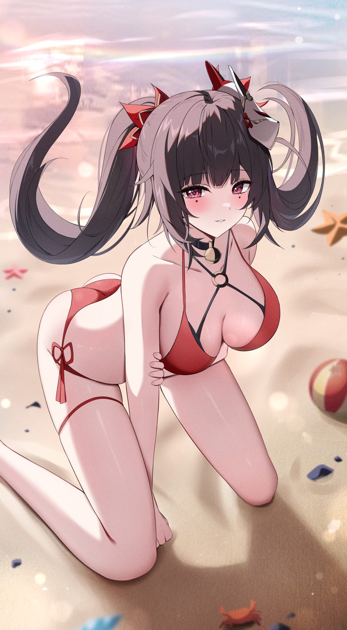 1girls 2024 2d 2d_(artwork) alternate_costume arm_under_breasts beach bikini blush bra brown_hair day female female_focus female_only fox_mask honkai:_star_rail honkai_(series) hourglass_figure light-skinned_female light_skin long_hair looking_at_viewer mask mask_on_head medium_breasts ocean on_knees outdoors pigtails red_bikini red_bikini_bottom red_bikini_top red_eyes sand smiling smiling_at_viewer solo solo_female solo_focus sparkle_(honkai:_star_rail) summer swimwear thong thong_bikini two_piece_swimsuit water yeni1871 young younger_female