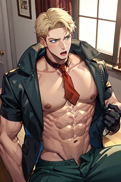 1boy abs ai_generated bara bare_pectorals black_gloves black_jacket blonde_hair blue_eyes blush gloves green_pants indoors jacket large_pectorals loid_forger male male_focus male_only male_pubic_hair muscular muscular_male navel necktie nipples open_clothes open_jacket open_mouth open_pants pants pectorals pubic_hair red_necktie short_hair sitting solo spy_x_family window