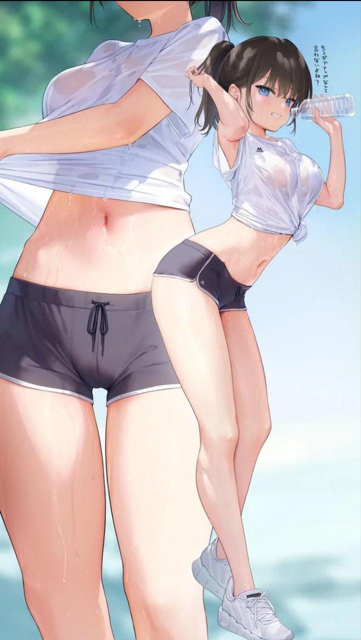 1girls background breasts clothed clothing cute dolphin_shorts female female_only long_legs looking_at_viewer no_sex ponytail shorts simple_background solo standing thighs unknown_artist unknown_character unknown_source wet_clothes