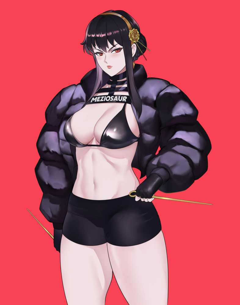 1girls artist_name big_breasts bikini_top black_hair busty cleavage fingerless_gloves hairband jacket light-skinned_female light_skin meziosaur open_jacket puffy_jacket red_eyes short_shorts shorts spy_x_family thick_thighs thighs yor_briar yor_forger