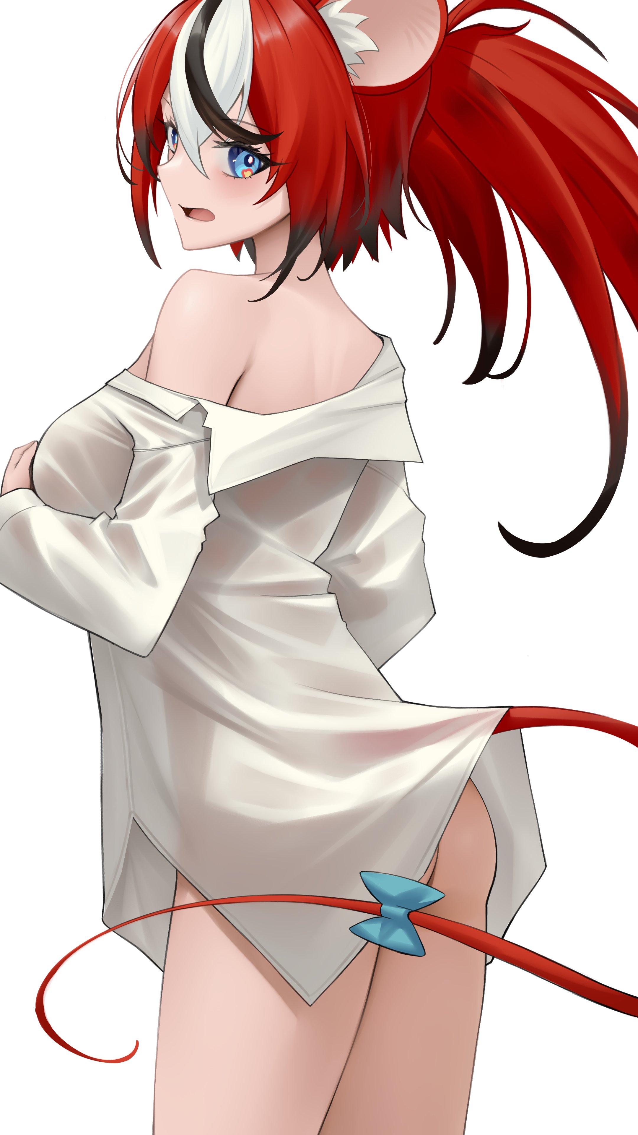 1girls, ass, female, female focus, female only, hakos baelz, hololive, hololive english, hololive english -council-, hololive english -promise-, no panties, rat, rat tail, shirt, shirt only, solo, somebody, somebody (leiking00), tagme, tail, twintails, virtual youtuber, vtuber, white background