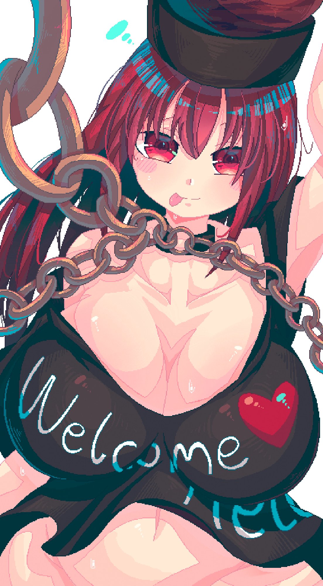 1girls big_breasts breasts chains cleavage clothed_female goddess hecatia_lapislazuli light-skinned_female long_hair mature_female pixel_art pnglichch177886 red_eyes red_hair solo solo_female sweat text_on_clothing tongue tongue_out touhou white_background