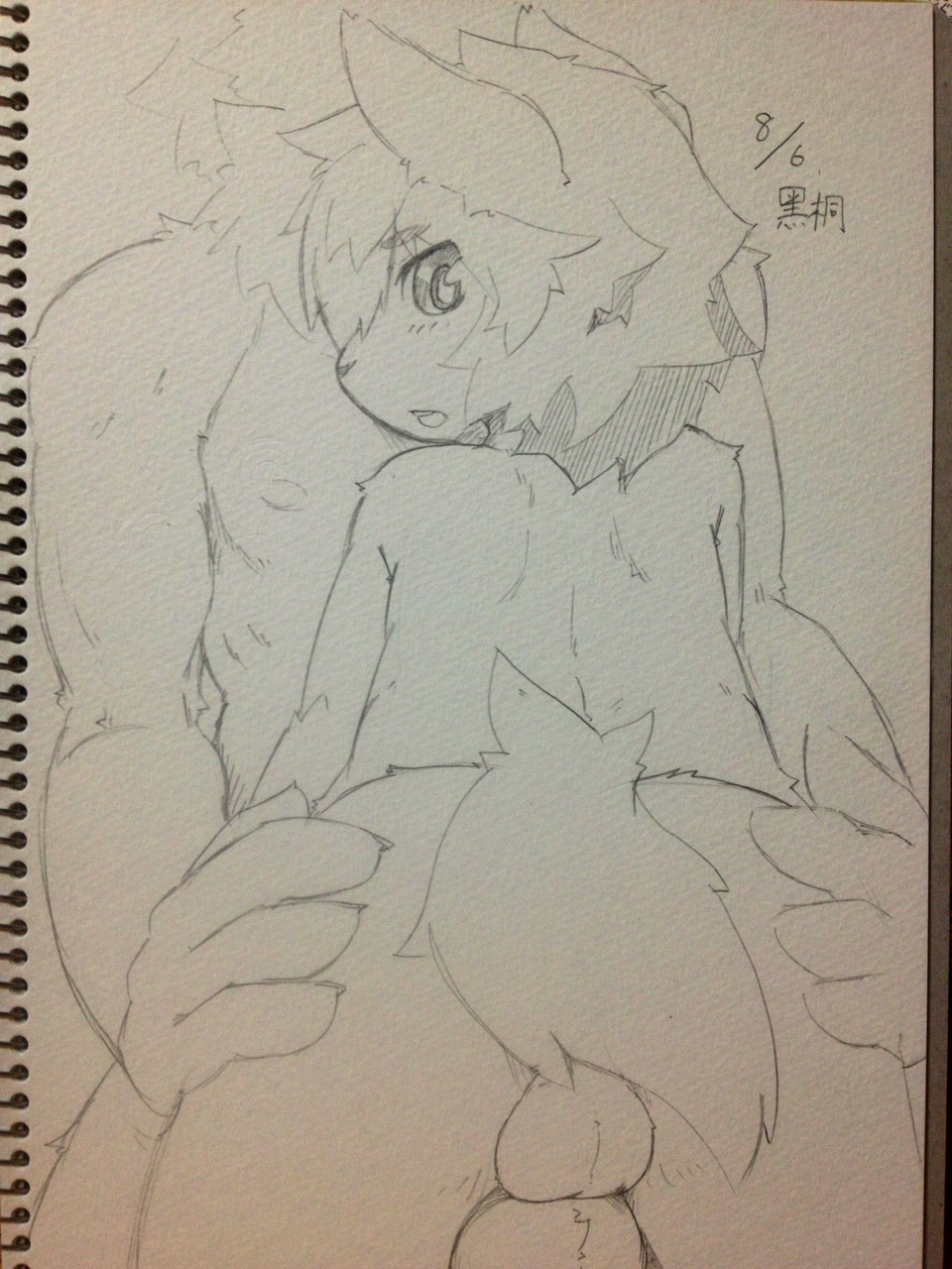 age_difference anthro ass ass_grab back backsack balls big_eyes duo eyebrows grope hair hand_on_ass kemono looking_back male male_only monochrome multiple_males nude open_mouth plain_background sirotae_konnta sketch traditional_media_(artwork) yaoi young