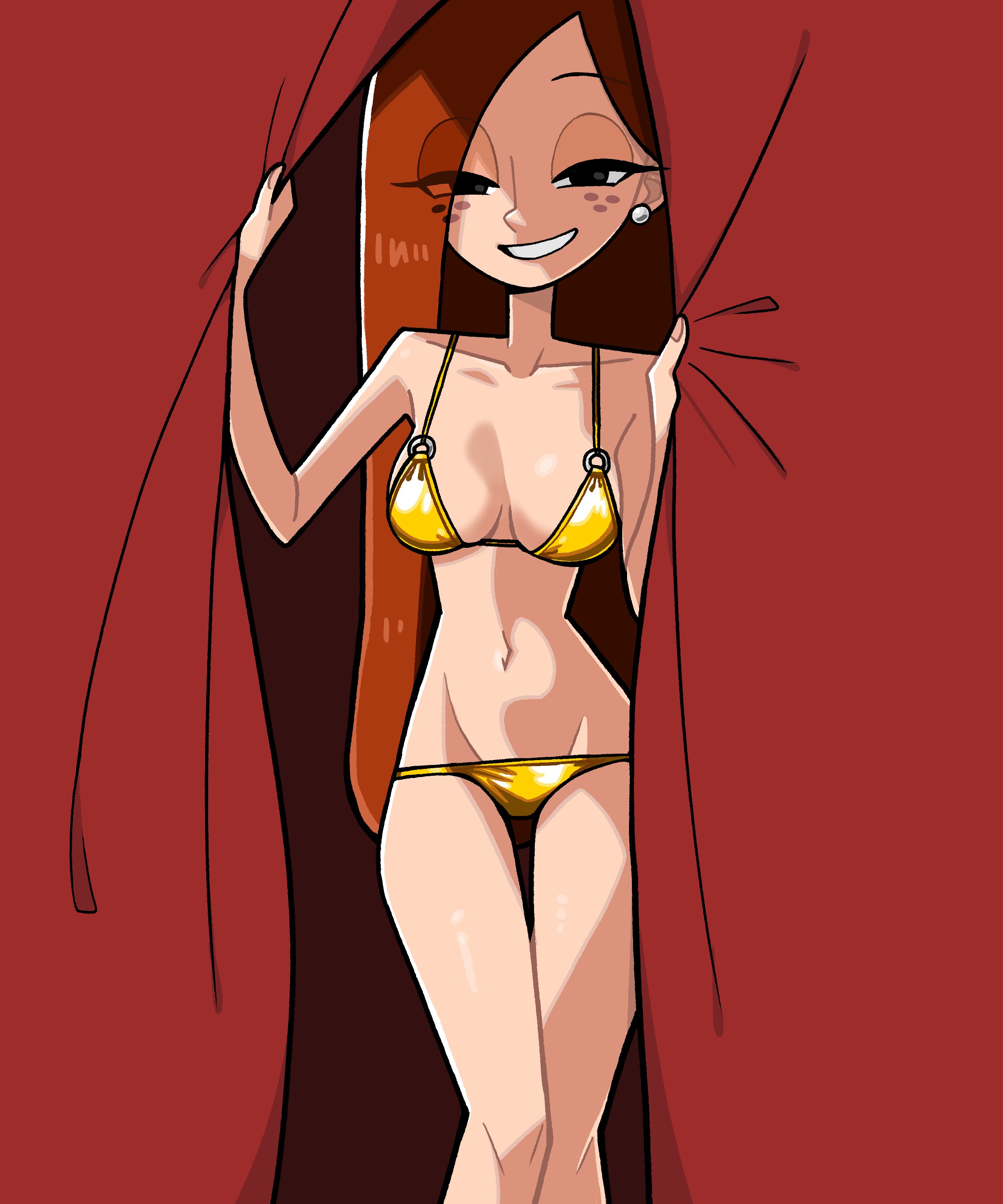 1girls, big breasts, bikini, breasts, disney, disney channel, disney xd, female, female focus, female only, freckles, freckles on face, gold bikini, golden bikini, gravity falls, light skin, light-skinned female, long hair, long legs, looking at viewer, n k m, pinup, slender legs, solo, swimsuit, thighs, wendy corduroy, yellow bikini