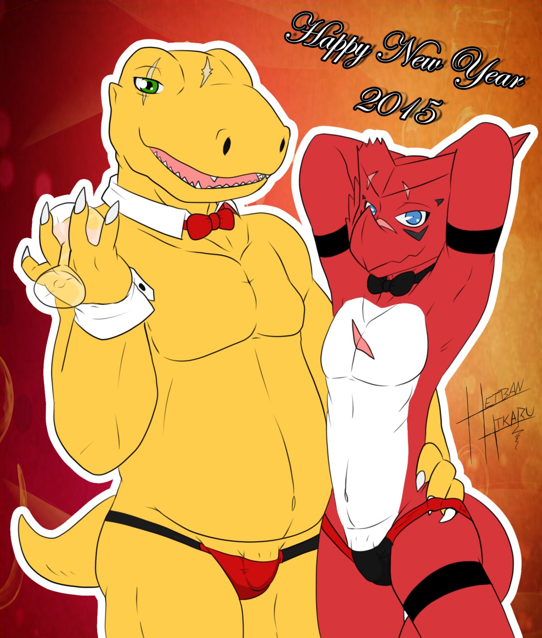 2015 agumon anthro anthrofied arms_behind_head axl_shoutmon bandai bedroom_eyes bow_tie bulge chubby clothing digimon duo english_text glass hand_on_hip heibanhikaru holidays looking_at_viewer male male_only multiple_males musclegut navel new_year pose raised_arm scar shoutmon signature smile speedo standing swimsuit text yaoi