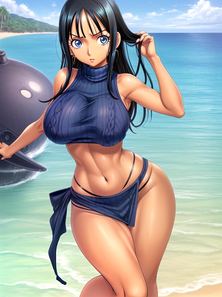 ai_generated bangs beach_background big_breasts bikini blue_eyes crop_sweater dark_hair earrings female female_only large_hips long_hair nico_robin one_piece sleeveless_sweater sleeveless_turtleneck sweater tanned tanned_female tanned_skin turtleneck turtleneck_sweater zarazin