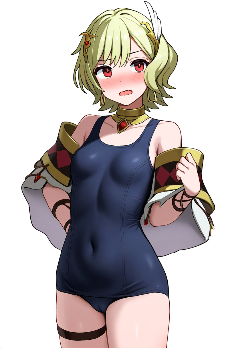 1girls ai_generated blonde_hair cameltoe citrinne_(fire_emblem) earrings embarrassed feather_hair_ornament fire_emblem fire_emblem_engage navel_visible_through_clothes novelai open_mouth red_eyes school_swimsuit self_upload short_hair standing swimsuit wavy_mouth