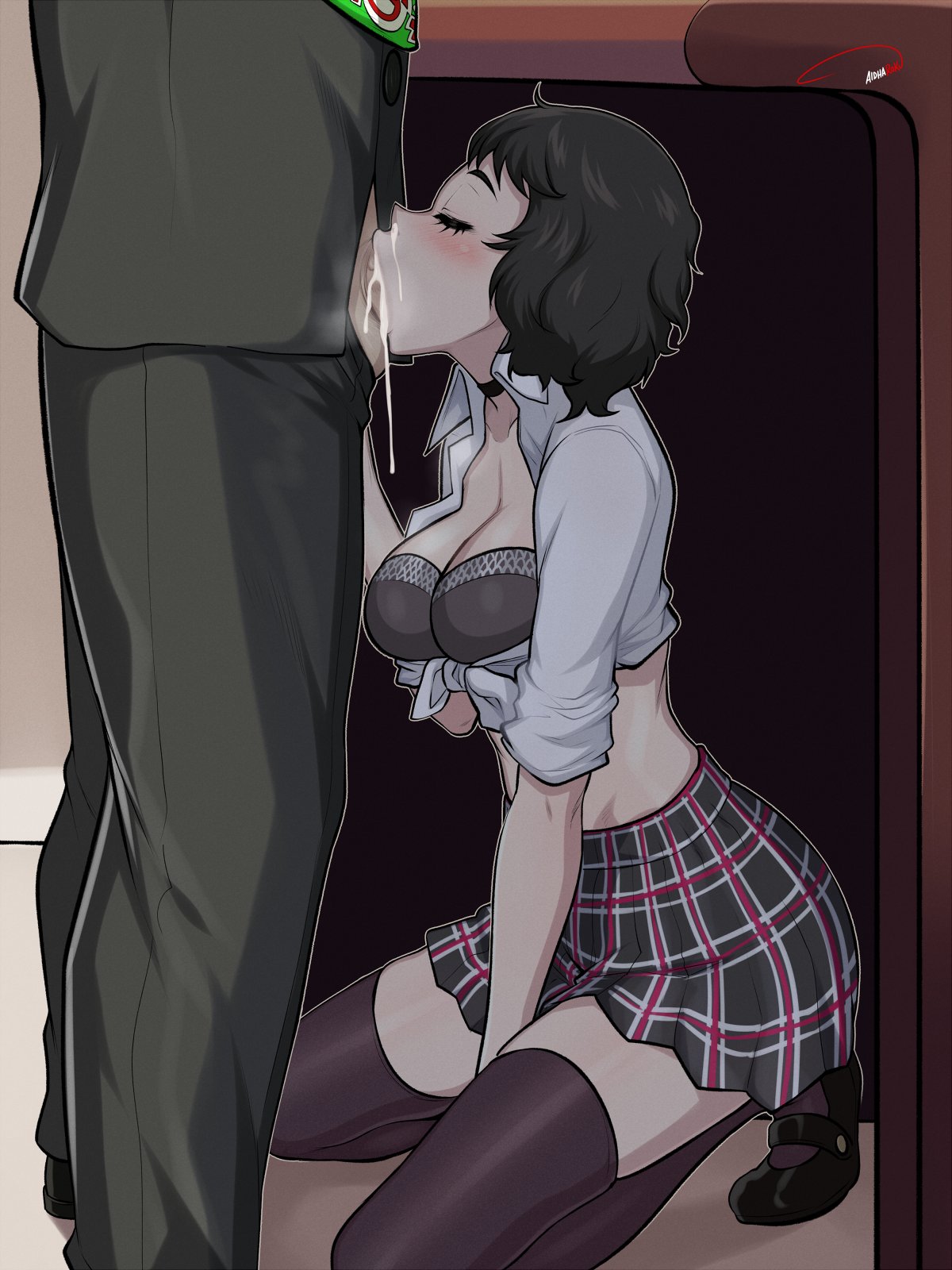 1boy, 1girls, aldharoku, all the way to the base, artist name, black choker, blush, climax, closed eyes, clothed female, clothed sex, cum, cum in mouth, cum inside, cum leaking, deepthroat, dress up, face fucking, fellatio, female, fit female, fit male, fully clothed, fully clothed female, male, megami tensei, mostly clothed, old male, older male, orgasm, pants down, persona, persona 5, persona 5 royal, politician, public fellatio, public sex, sadayo kawakami, school uniform, sloppy blowjob, teacher, thick, thighhighs, throat fuck, throatpie, under desk, unseen male face, yoshida toranosuke