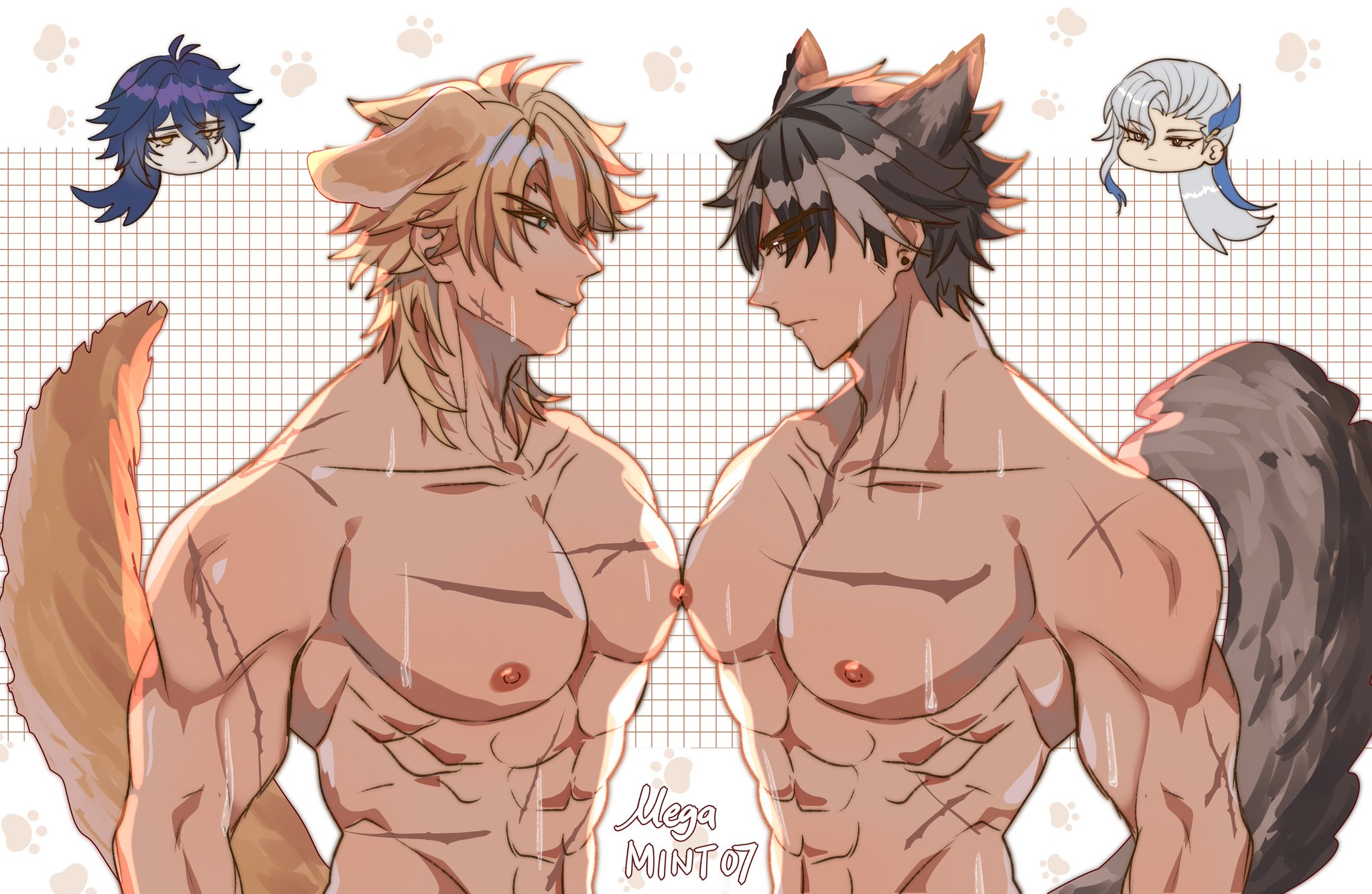2boys, flins (genshin impact), gay, genshin impact, male, male only, muscular, neuvillette (genshin impact), nipples, tagme, varka (genshin impact), wriothesley (genshin impact), yaoi
