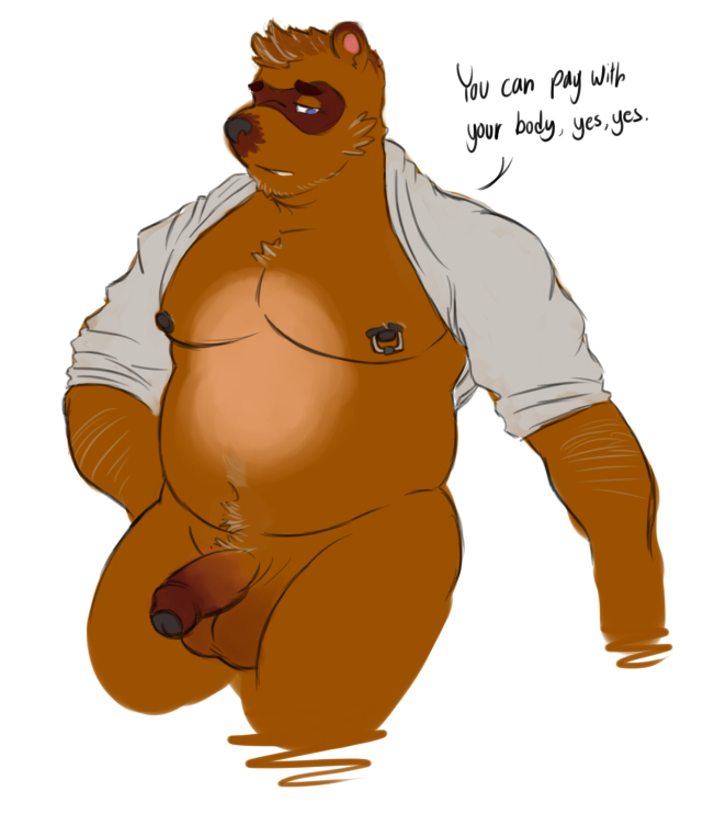 1boy animal_crossing anthro arm_hair big_muscles blue_eyes body_hair chubby clothing furry happy_trail male male_only mammal musclegut muscles nintendo nipple_piercing nipples nude penis piercing shirt solo tanuki text tom_nook uncut wkd