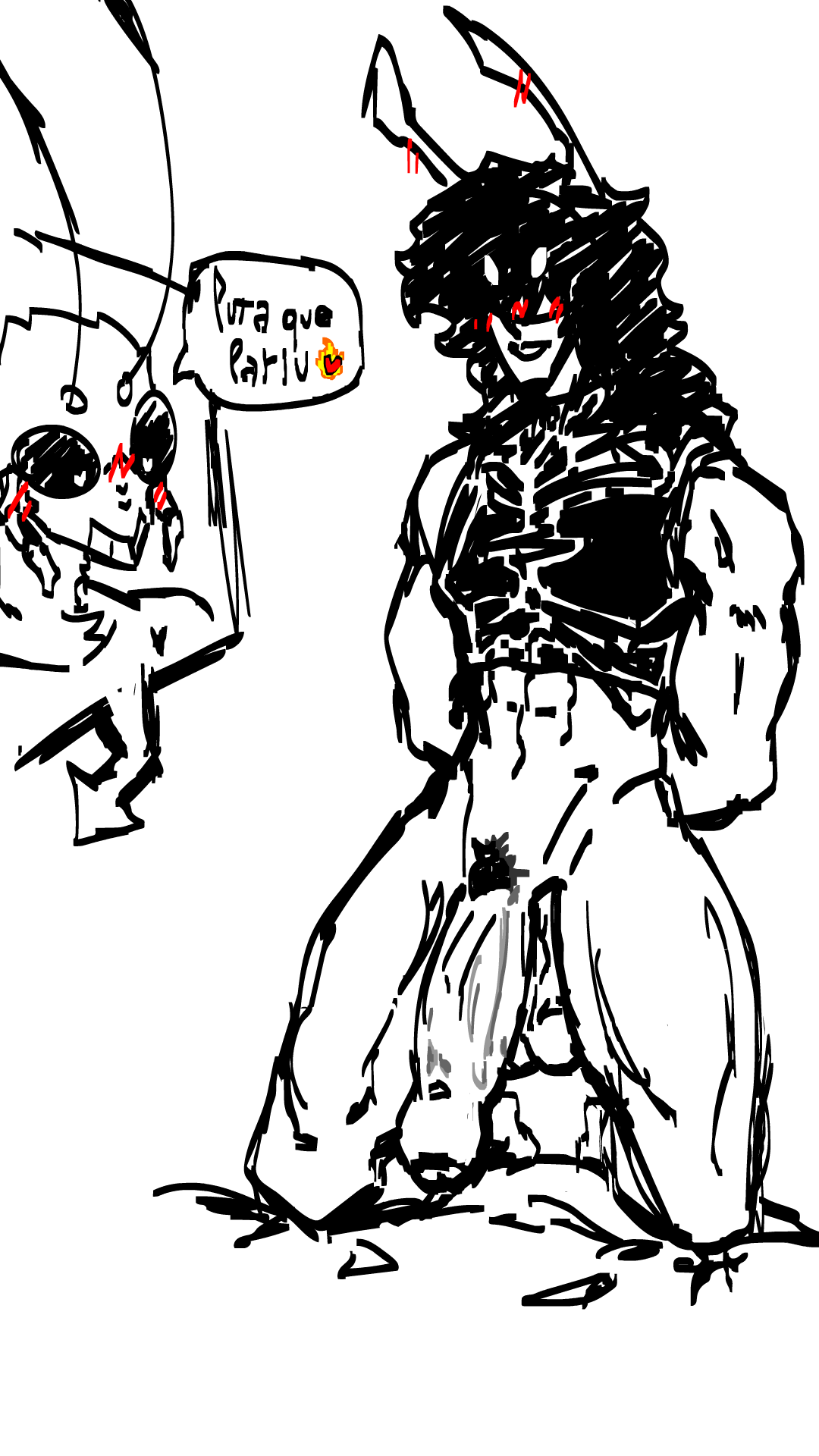 2boys alternate_version_available bed big_penis black_hair blush cockroach crop_top furry gay hands_behind_back kneeling long_hair male muscular original_character raar69(artist) roach snail text text_bubble yaoi