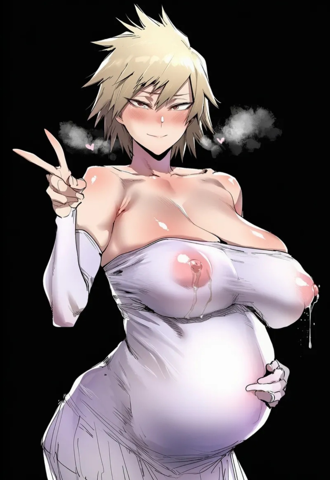 1girls, ai generated, big breasts, blonde hair, blush, boku no hero academia, female, female only, huge breasts, large breasts, mitsuki bakugou, my hero academia, peace sign, pregnant, pregnant belly, pregnant female, solo, steam, steamy breath
