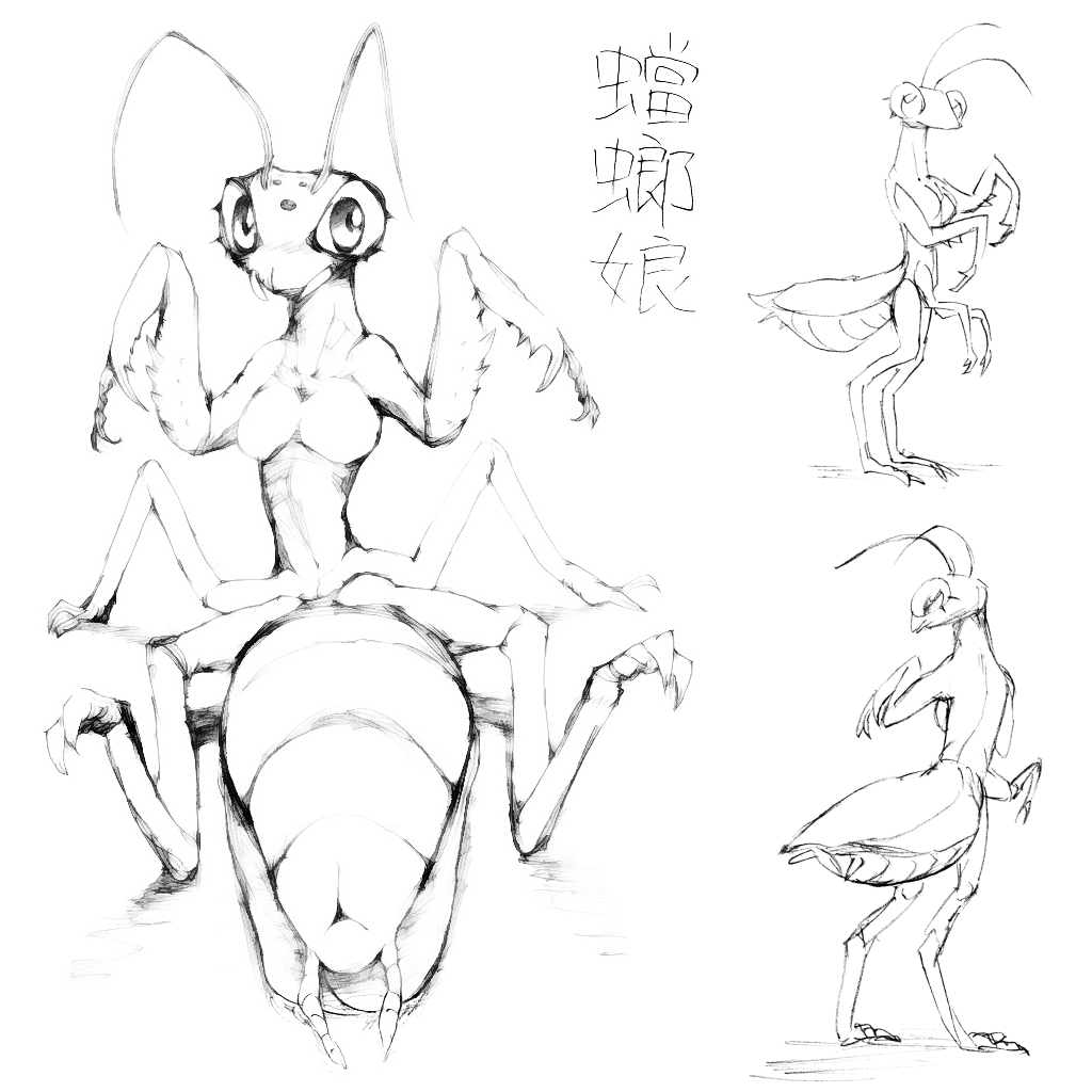 antennae anthro arthropod big_eyes black_and_white breasts female insectoid insects jetcrow looking_at_viewer mantis monochrome multi_arm multi_limb multiple_poses non-mammal_breasts presenting solo standing