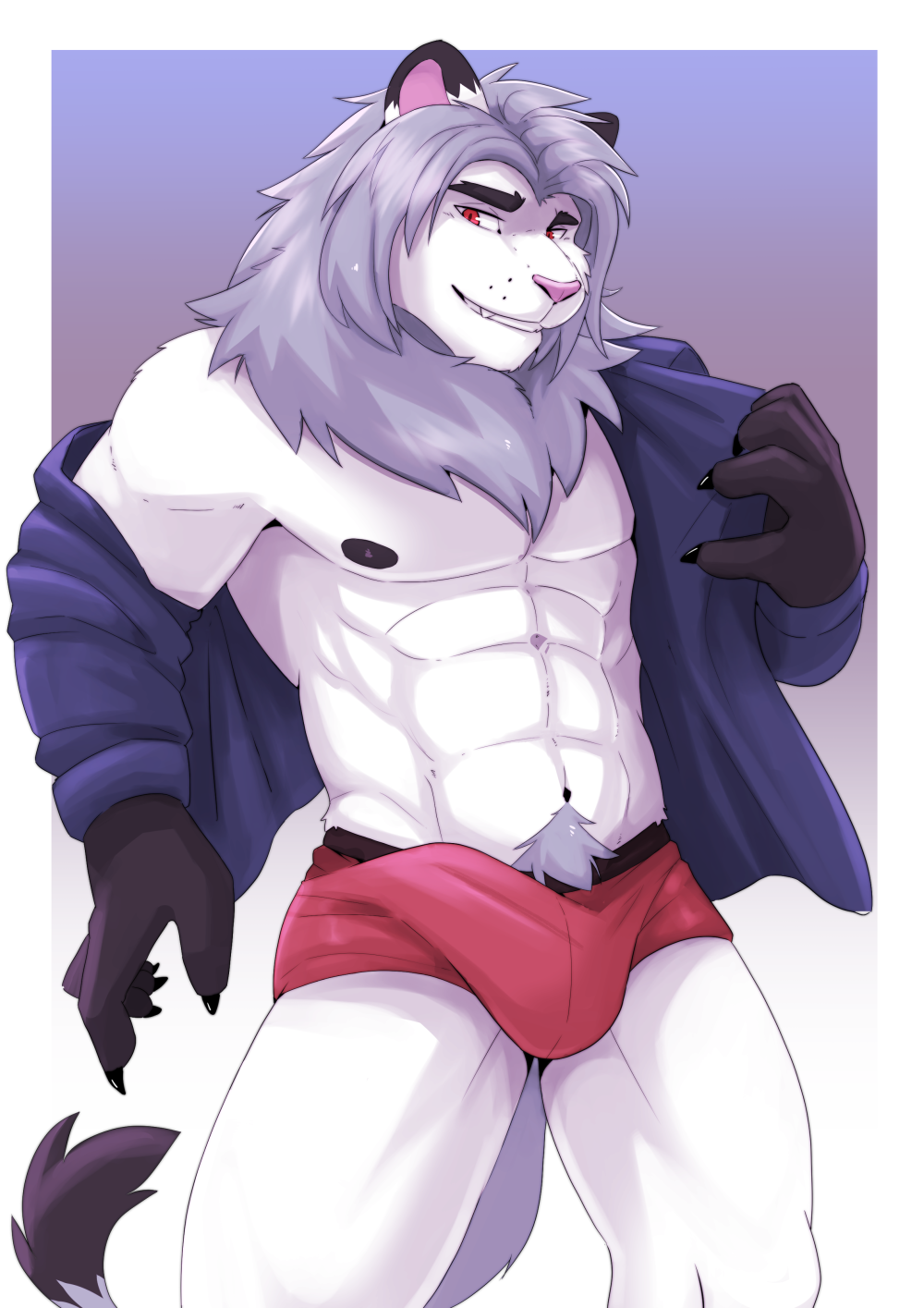 anthro barazoku bulge clothed clothing digital_media_(artwork) erection felid fur hair hi_res lion looking_at_viewer male mammal muscular muscular_anthro muscular_male nipples nude pantherine simple_background smile solo tail underwear vitaly4321