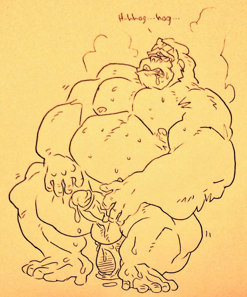 anthro balls bara barazoku boner dildo dildo_in_ass dildo_sitting erection furry glasses gorilla male male_only monochrome muscles muscular nude overwatch penis solo solo_male staticlustdemons sweat sweating winston_(overwatch) wuffinarts