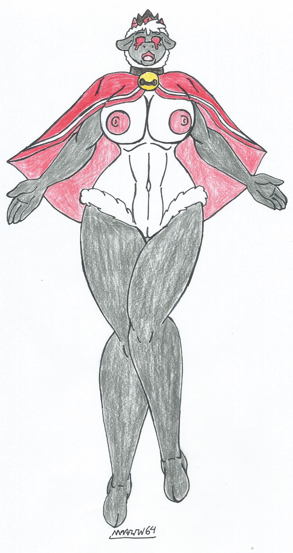 1girls belt_collar big_breasts big_hips cape_only crown_only cult_of_the_lamb dark_skin floating furry grey_skin lamb_(cult_of_the_lamb) marlon64 naked_cape naked_collar naked_crown naked_female powers red_eyes sheep sheep_girl traditional_drawing_(artwork) white_background white_fur white_hair