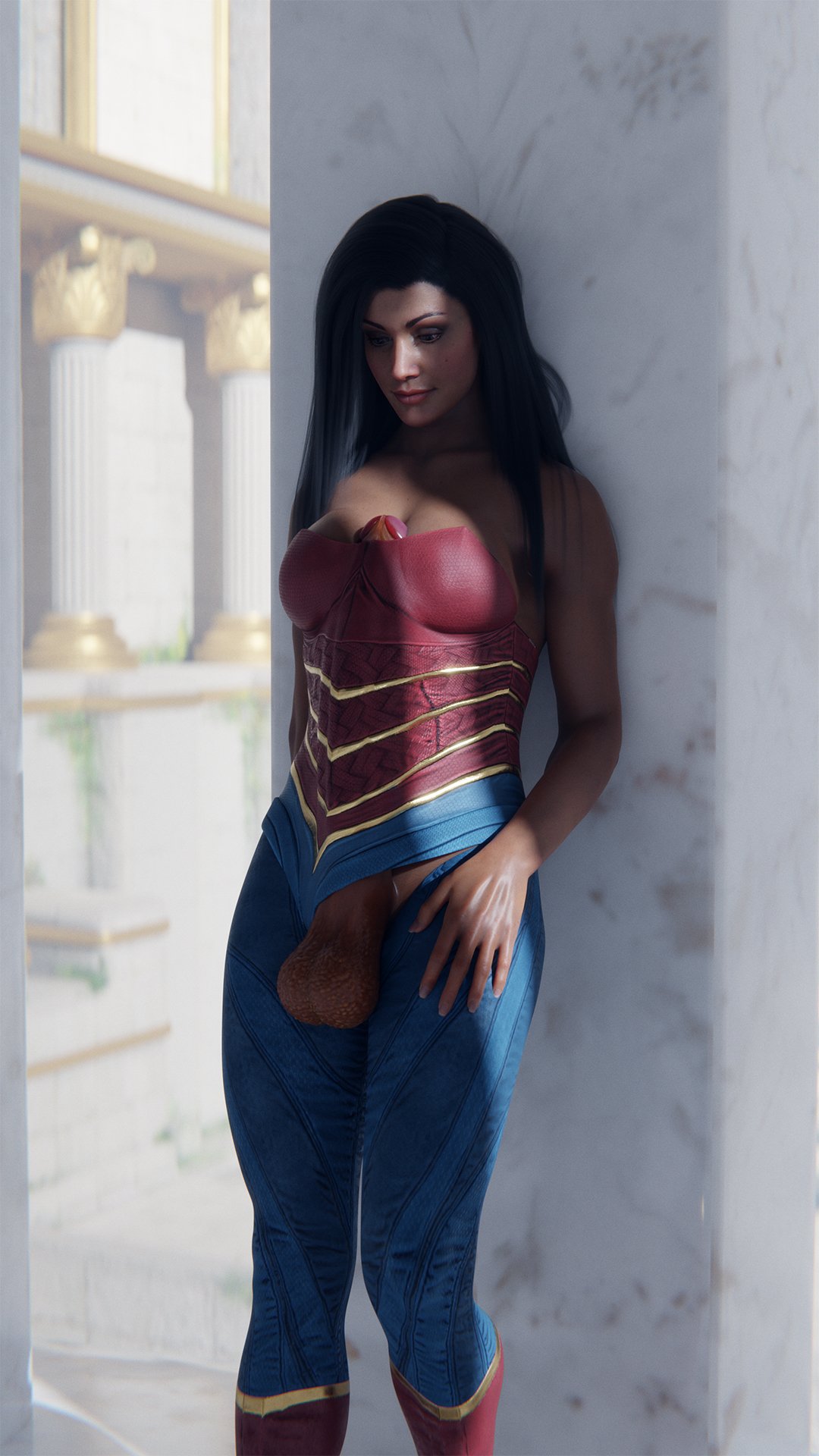 3d 3d_(artwork) akidia autopaizuri autopaizuri_under_clothes black_hair bulge bulge_through_clothing dark-skinned_female dark_skin dc_comics futanari looking_at_penis medium_breasts solo solo_futa tagme wonder_woman