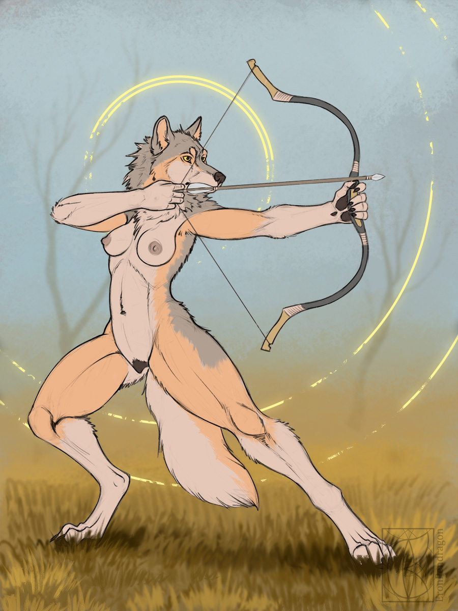 5_fingers anthro areola arrow_(weapon) arrowhead bow_(weapon) breasts canid canine canis drawing_bowstring dry_grass ears_up female fingers genitals grass hi_res hindpaw mammal navel nipples nude nude_anthro nude_female outside paws plant pussy ranged_weapon solo solokhoniir spread_legs spreading tree weapon wolf yellow_eyes