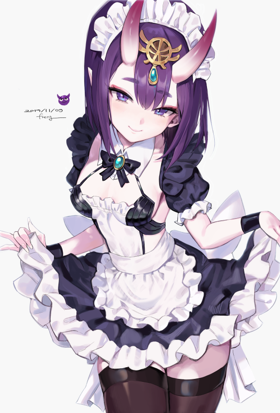 1girls female female_only freng looking_at_viewer maid oni oni_horns purple_eyes purple_hair shuten_douji_(fate) solo stockings