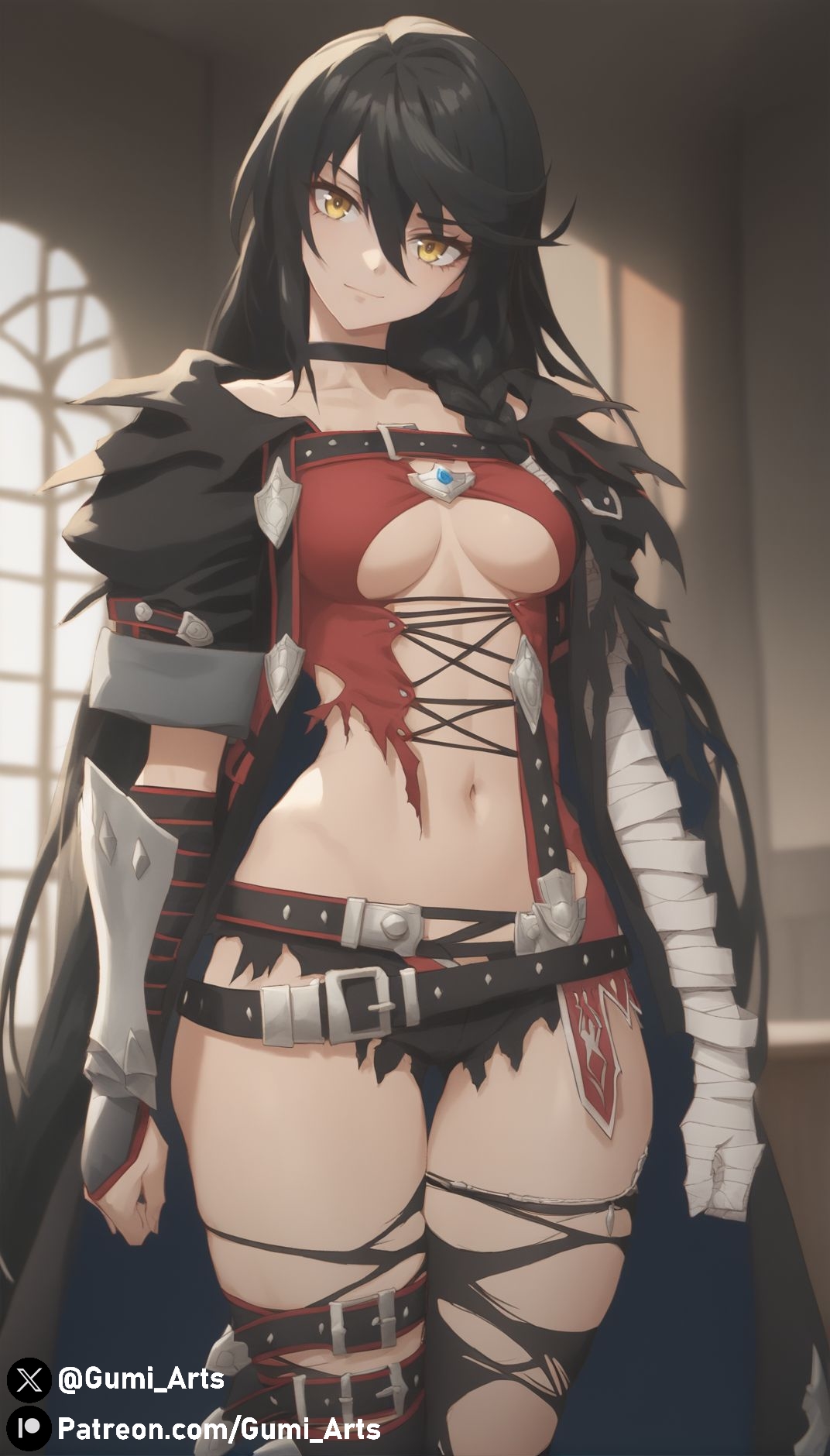 ai generated, bandaged arm, black hair, breasts, female, gumi arts, indoors, looking at viewer, navel, revealing clothes, stable diffusion, tales of berseria, thick thighs, torn clothes, underboob, velvet crowe, wide hips, yellow eyes