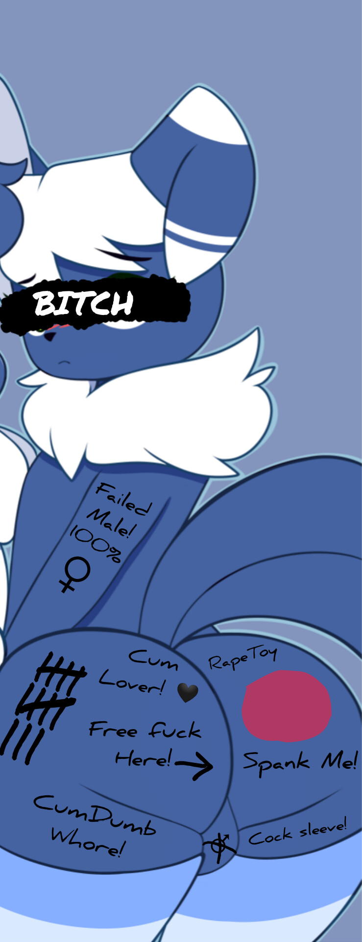 1boy, ass, ass focus, balls, ballsack, bitch, bitch boy, blue body, blue fur, blue skin, body writing, booty, booty focus, butt focus, cat ears, cat tail, censor bar, censored eyes, degradation, degradation kink, degradation text, degrading, degrading tattoo, edit, edited, failed male, femboy, from behind, from behind position, furry, furry ass, furry male, furry only, gay, gay male, girly, heart, male, male focus, male only, meowstic, pinkcappachino, pokemon, pokemon (species), pokemon xy, presenting ass, presenting butt, rape slave, soft ass, soft butt, solo, solo focus, solo male, spanked, spanked ass, spanked booty, spanked butt, spanked mark, tagme, tail, tally marks, text, thick thighs, thigh highs, thighhighs, thighs, two-tone fur, white fur, white hair