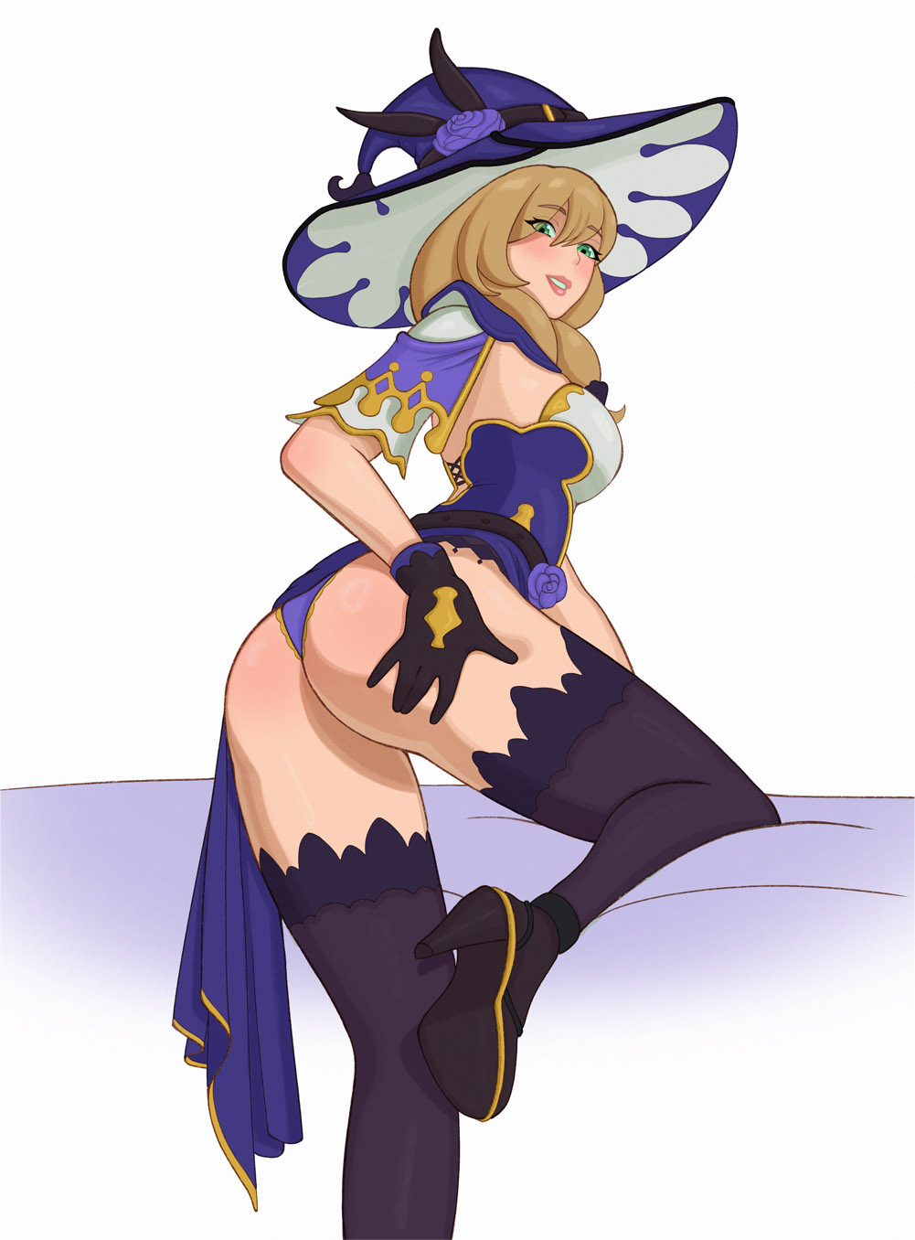 1girls 2024 ass bent_leg blonde_hair blush female female_only genshin_impact green_eyes heels hi_res lisa_(genshin_impact) long_hair looking_at_viewer looking_back looking_back_at_viewer ozimand smiling smiling_at_viewer solo stockings thighs witch_hat