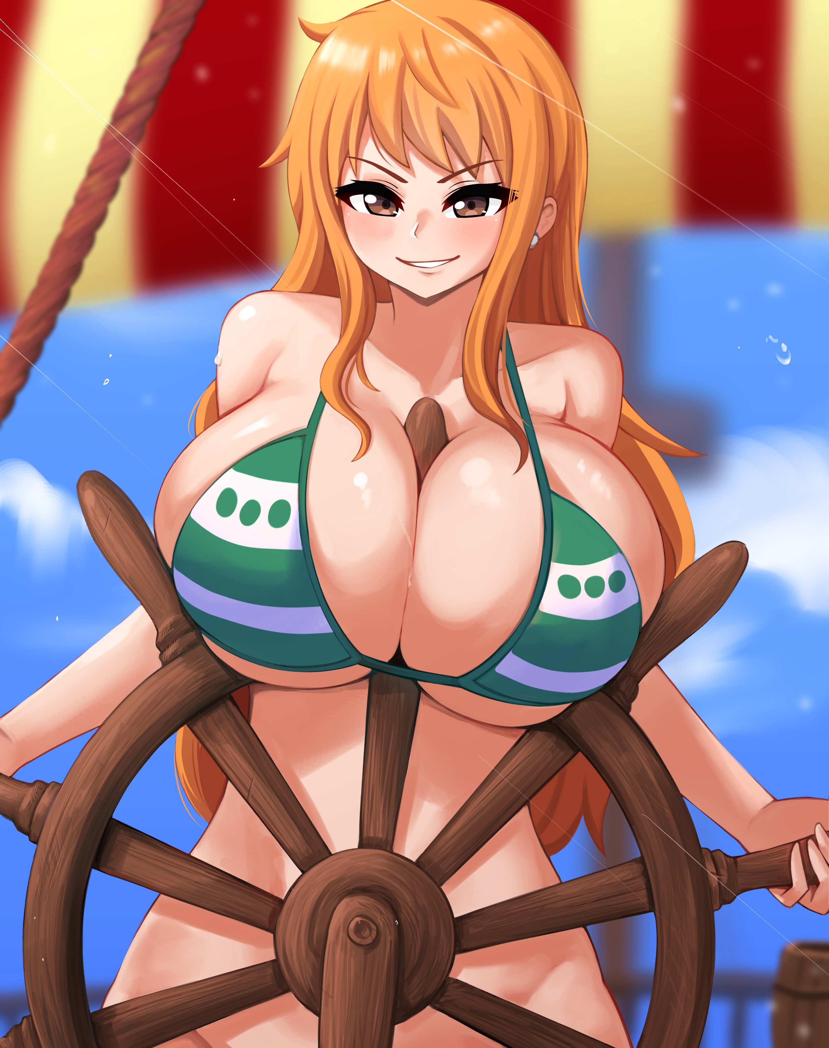 1girls, bikini, breasts, cleavage, female, female only, huge breasts, light skin, light-skinned female, long hair, nami (one piece), naughty face, object between breasts, one piece, orange hair, orange-haired female, post-timeskip, seductive look, smile, striped bikini, the only shoe, thick thighs, wide hips