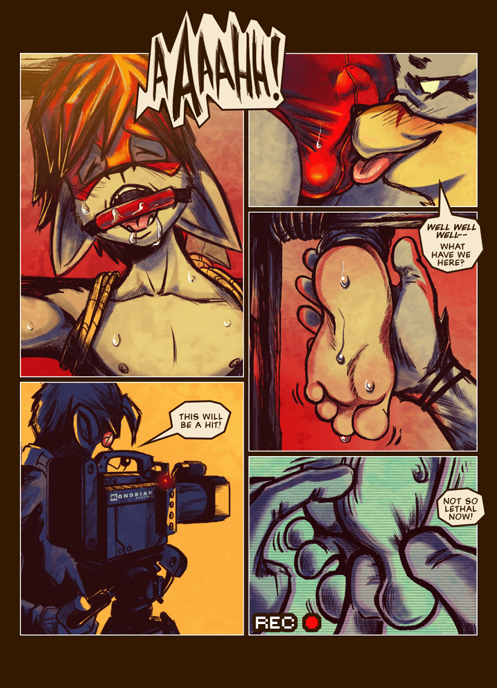 anthro bulge camera canine closed_eyes comic english_text fennec foot_focus fox fur furry furry_only gag gay imp impximon male mammal nipples restrained text