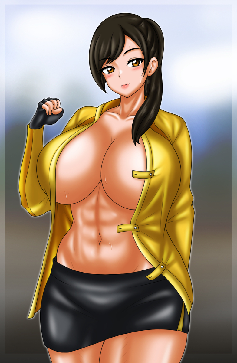 1girls alluring athletic_female big_breasts brown_eyes brown_hair female_abs fingerless_gloves fit_female juuken_sentai_gekiranger no_bra open_shirt shorts super_sentai treezero uzaki_ran