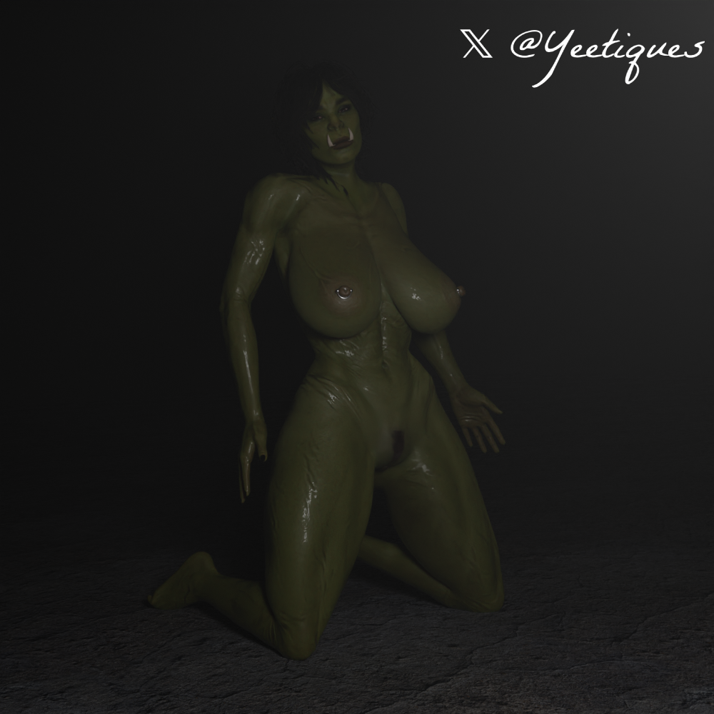 3d baldur's_gate_3 big_ass big_breasts big_butt female green_skin muscular_female on_knees orc orc_female orzga pierced_nipples piercings presenting_body pubic_hair pussy wet yeetiques