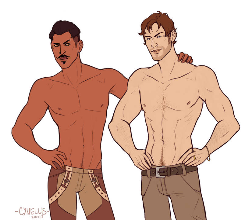 2014 2boys abs arm_around_shoulders artist_name beard_stubble beauty_mark biceps black_hair body_hair brown_hair bulge cynellis dark-skinned_male dark_hair dark_skin dorian_pavus dragon_age dragon_age_inquisition duo facial_hair gay_male hand_on_hip human jewelry light-skinned_male light_skin looking_at_viewer mage male male_nipples male_only male_pubic_hair manly mature_male mole muscles muscular_male mustache no_visible_genitalia pants pecs ring scar scars seductive_look seductive_smile shirtless smile smiling smooth_skinned_male soul_patch standing standing_position tight_clothing tight_pants topless_male unknown_character