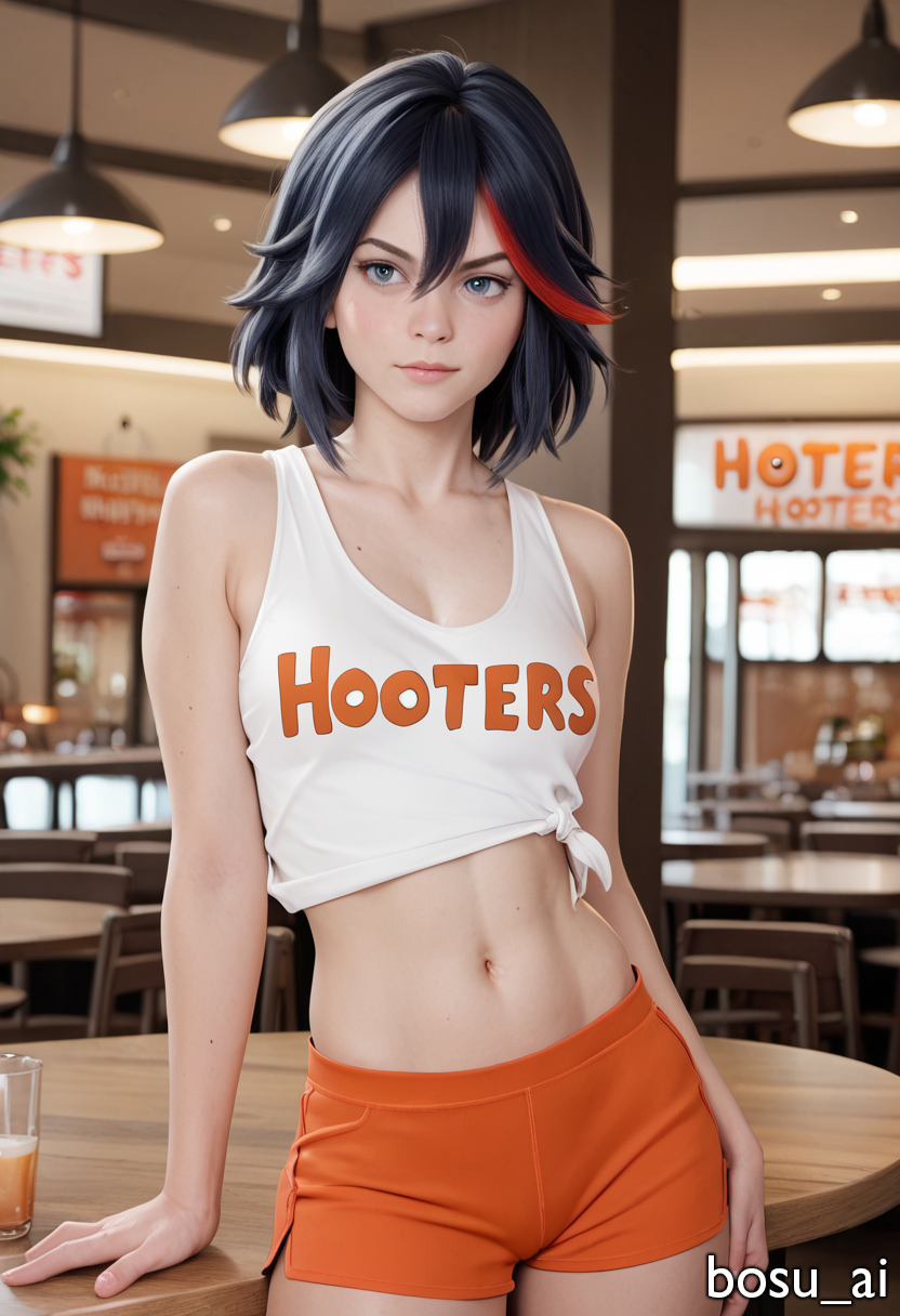 ai_generated bosu_ai hooters hooters_uniform hot_pants kill_la_kill matoi_ryuuko midriff navel restaurant short_shorts standing tank_top waitress