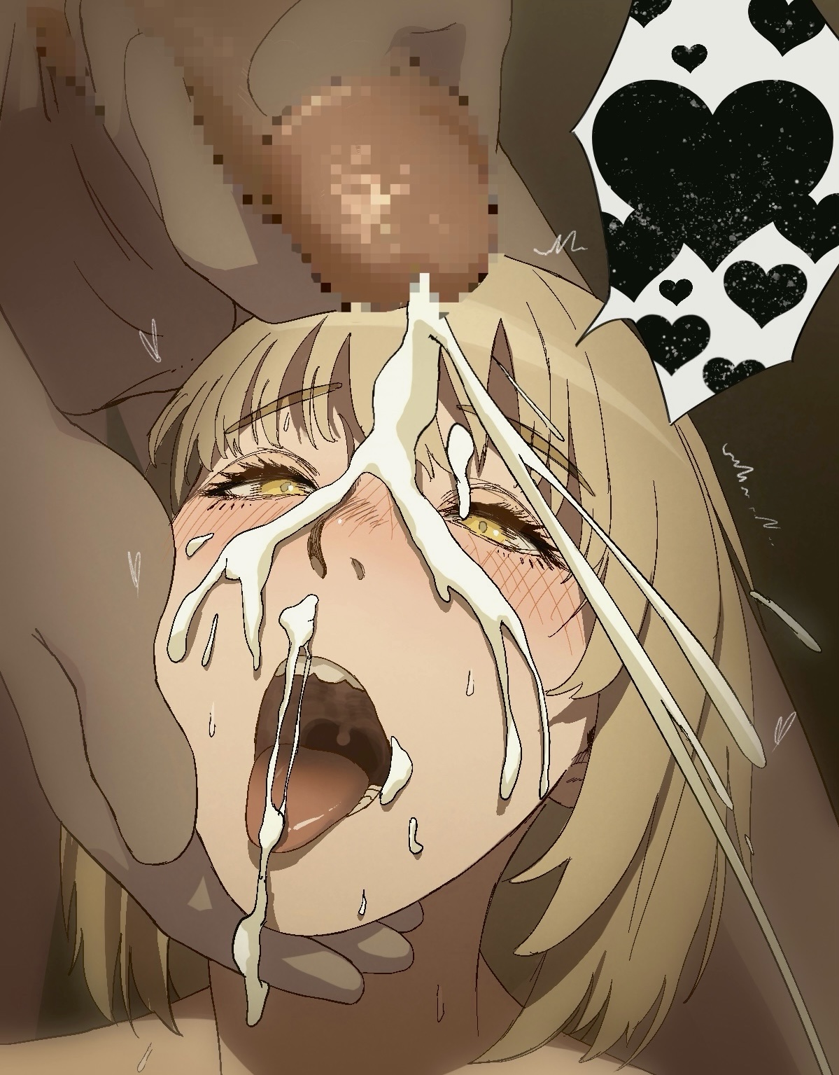 1boy, 1girls, censored, cum on face, dungeon meshi, falin touden, female, male, mosaic censoring