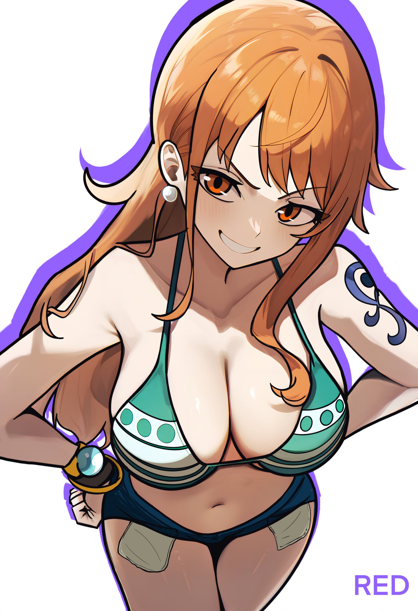 1girls, ai generated, arm tattoo, bare legs, bare shoulders, bare thighs, big breasts, blue tattoo, breasts, clothed, clothing, color, female, female focus, female only, hi res, large breasts, light skin, light-skinned female, long hair, looking at viewer, nami (one piece), one piece, orange eyes, orange hair, orange-haired female, post-timeskip, redpostit, shounen jump, solo, solo female, tagme, tattoo, thick thighs