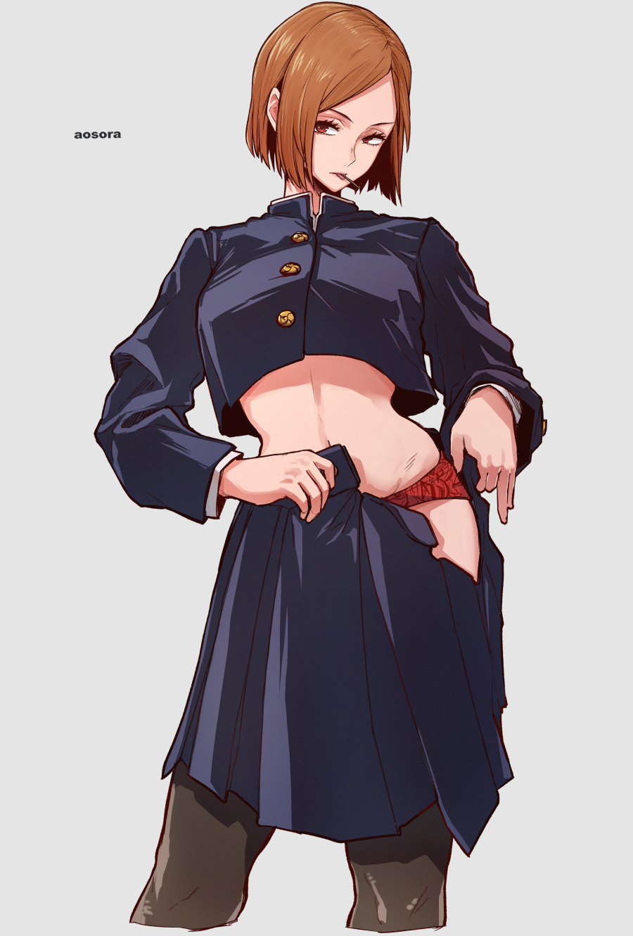1girls, aosora, brown eyes, brown hair, brown-haired female, clothed, female, female only, human, jujutsu kaisen, kugisaki nobara, panties, solo, undressing