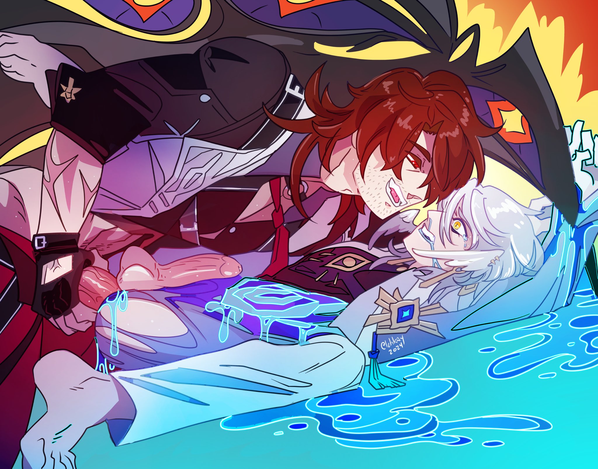 2boys, abs, anal, blood, color, crying, gallagher (honkai: star rail), honkai (series), honkai: star rail, lohkay, male, male only, male/male, muscles, muscular, muscular male, rape, restrained, ripped clothing, ripped pants, stabbed, sunday (honkai: star rail), yaoi
