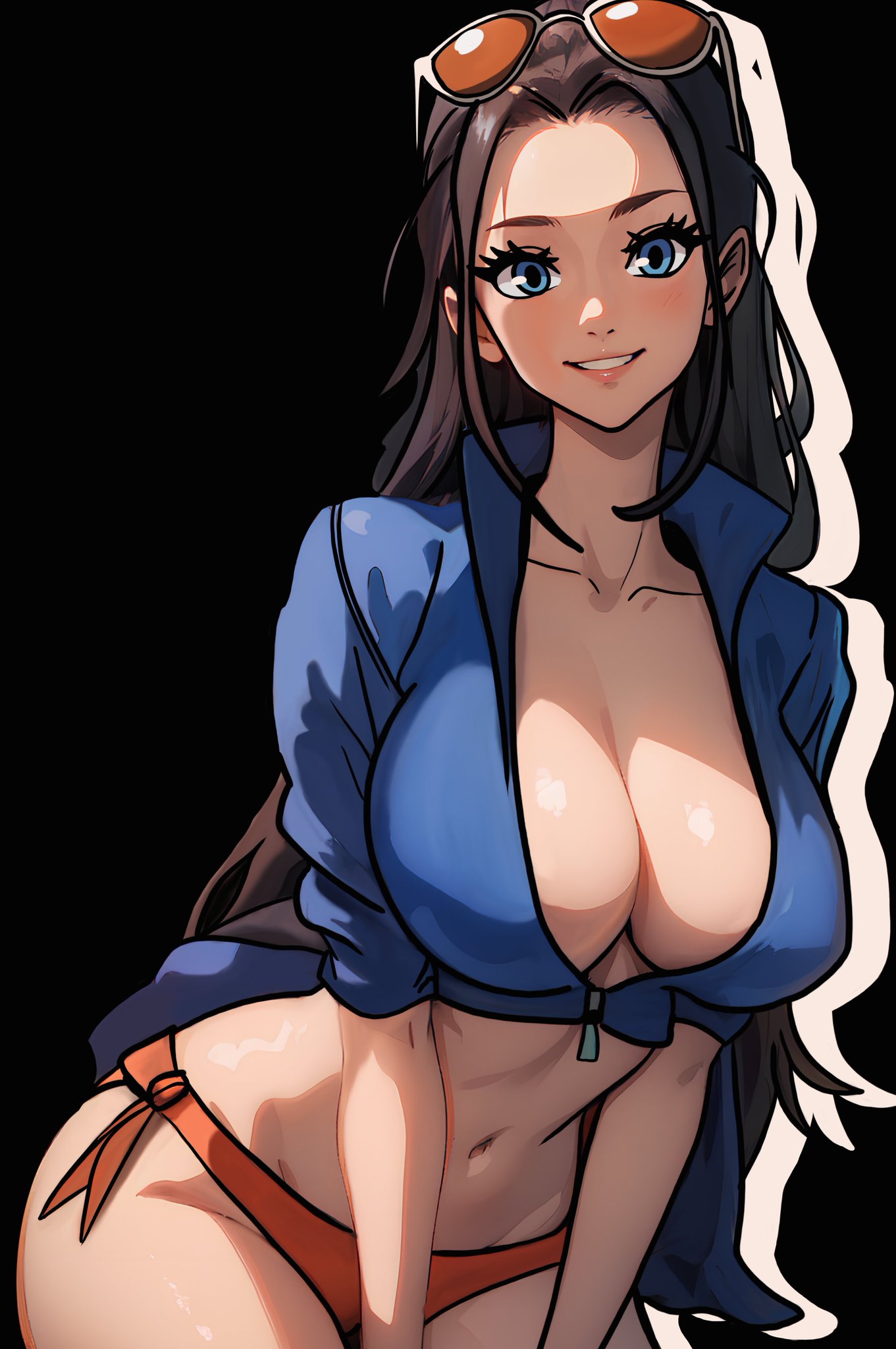 1girls, ai generated, bare thighs, big breasts, black hair, blue eyes, blush, breasts, clothed, clothing, color, female, female focus, female only, hi res, large breasts, light skin, light-skinned female, long hair, looking at viewer, nico robin, no bra, one piece, panties, redpostit, shounen jump, solo, solo female, sunglasses, sunglasses on head, tagme, thick thighs