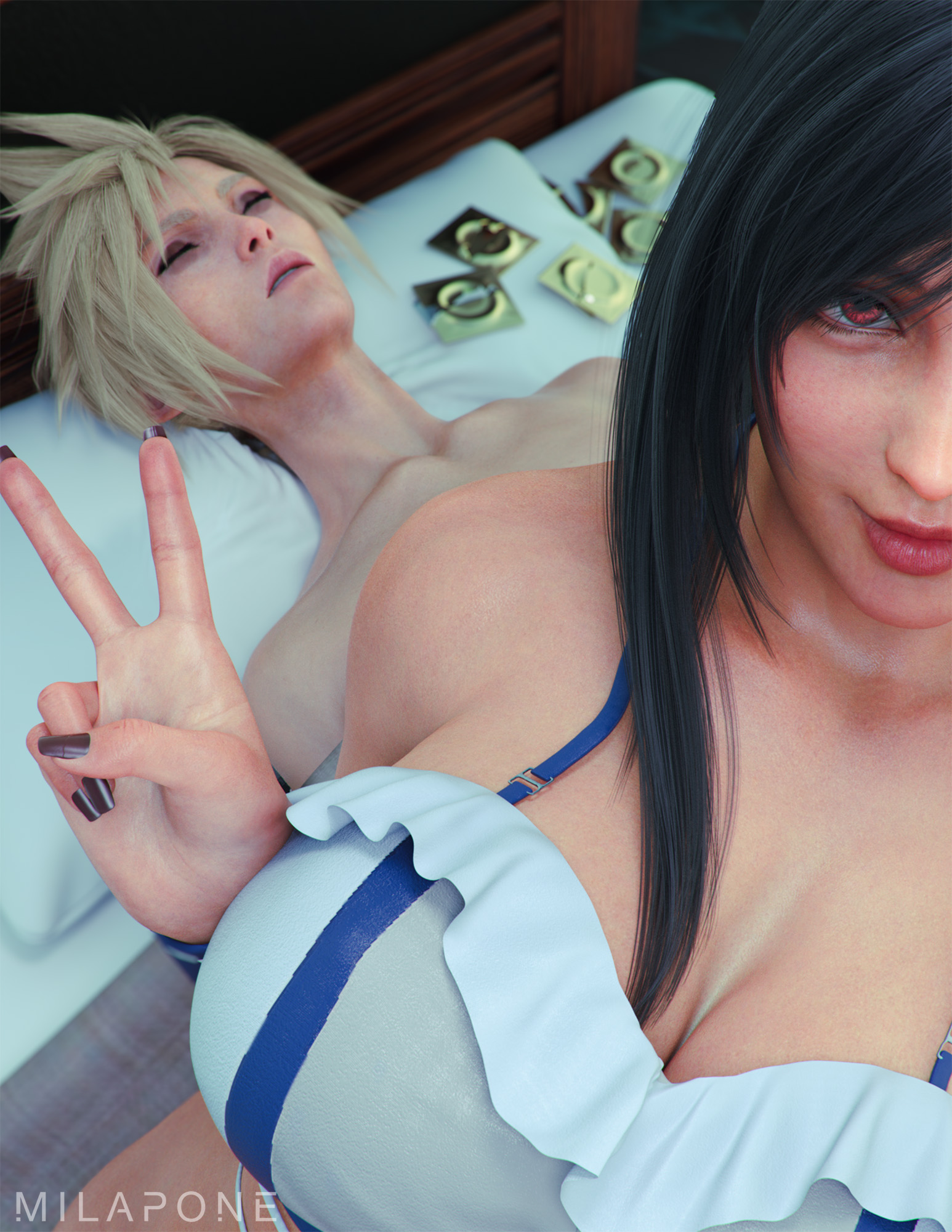 1boy, 1girls, 3d, after sex, ass, big ass, bikini, bikini top, blonde hair, blonde-haired male, breasts, cloud strife, exhausted, female, final fantasy, final fantasy vii, final fantasy vii remake, guy tired after sex (meme), large breasts, looking at viewer, male, meme, milapone, selfie, solo, swimsuit, tifa lockhart, tifa lockhart (shining spirit)