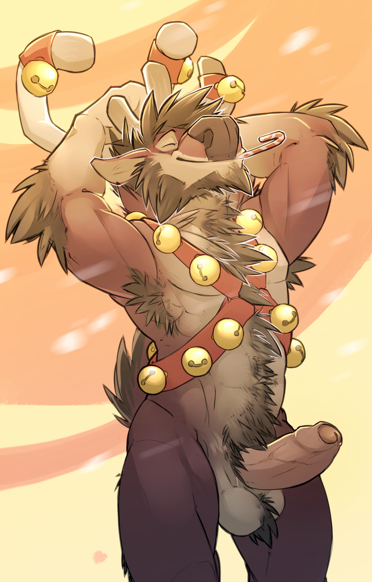 1boy 2014 abs anthro antlers armpit_hair armpits arms_above_head ball_tuft balls ballsack beard bell biceps big_balls body_fur body_hair bottomless brown_fur brown_hair candy_cane cervine chest_tuft christmas closed_eyes deer denver_(bios) erection facial_hair fluffy_tail foreskin happy_trail harness holidays humanoid_penis intact jingle_bells male male_only male_pubic_hair mammal masculine mature_male muscles muscular_male no_swift partially_retracted_foreskin pecs penis pubes raised_tail reindeer scrotum smile smooth_fur solo testicles uncut veiny_penis