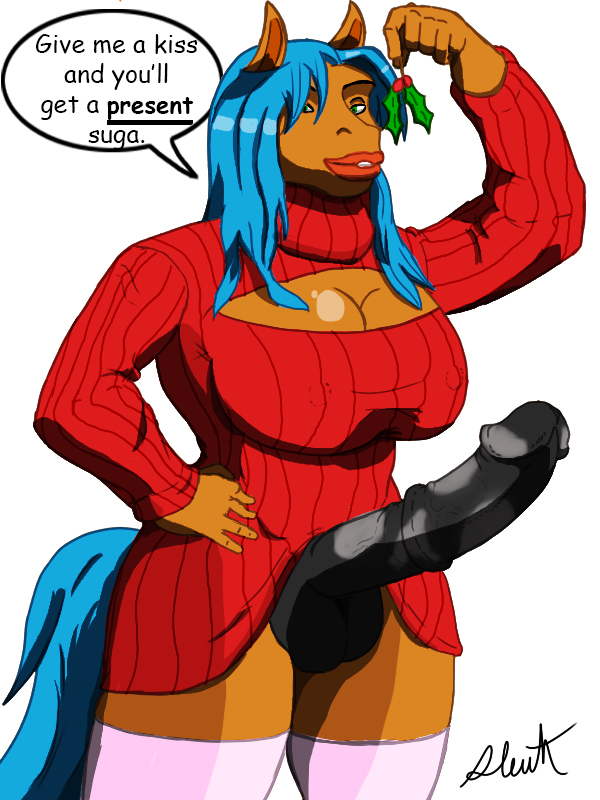 1futa anthro big_lips blue_hair breasts equine fur furry furry_only futanari green_eyes hair herm holly_(plant) horse intersex mammal penis plant sleuth solo sweater uncensored