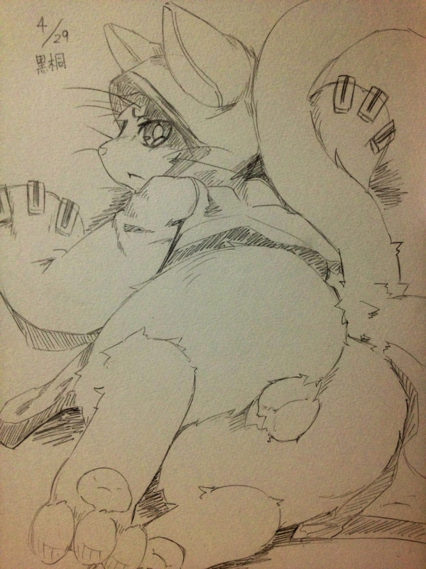 1boy anthro ass backsack balls bottomless clothed clothing feline half-dressed hindpaw jubei_(blazblue) kemono looking_back male male_only mammal monochrome multiple_tails pawpads paws sirotae_konnta sketch solo whiskers