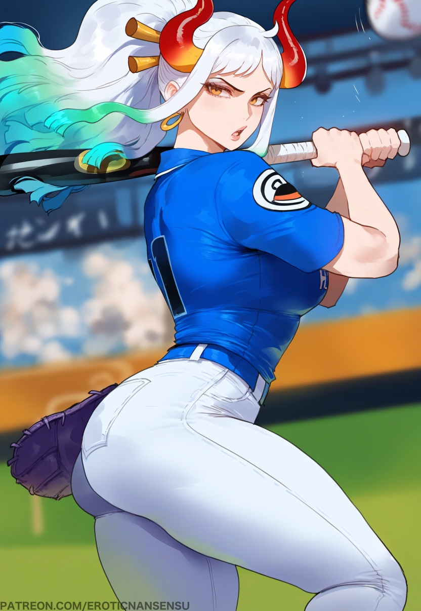 1girls 2d ai_assisted ai_generated aqua_hair artist_name ass bangs baseball baseball_(ball) baseball_bat baseball_glove baseball_uniform belt blurry_background color curvy dynamic_pose earrings erotic_nansensu female female_only floating_hair from_side furrowed_brow gradient_hair holding_object looking_at_viewer multicolored_hair one_piece open_mouth outdoors pants patreon_url patreon_username solo stadium tight_clothing white_hair yamato_(one_piece) yellow_eyes