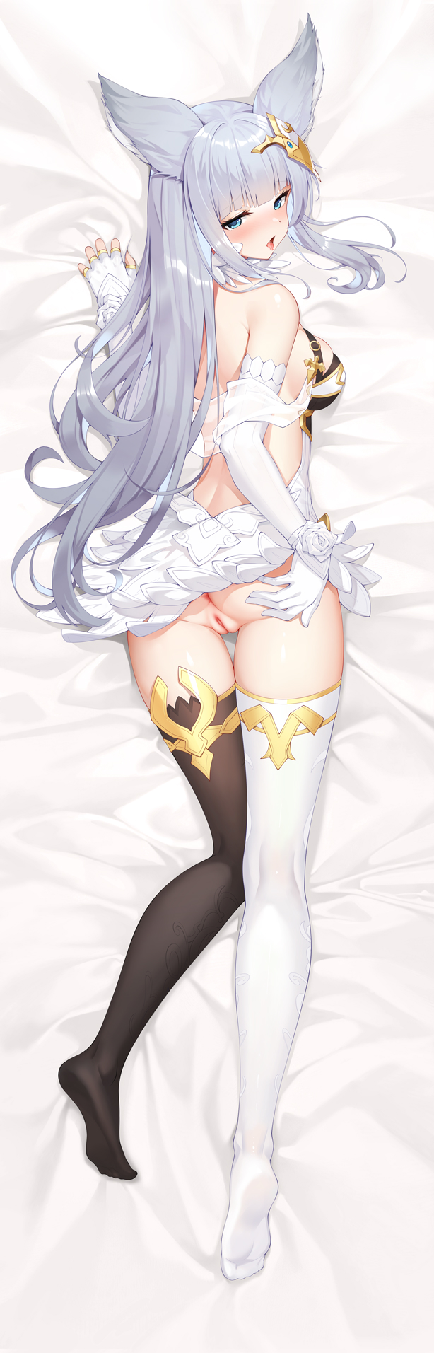 1female 1girls animal_ears anus ass asymmetrical_legwear blue_eyes blunt_bangs breasts dakimakura_(medium) dress elbow_gloves erune female female_focus female_only female_solo full_body gloves granblue_fantasy grey_hair hair_ornament highres kirilenko_(cgd) korwa long_hair medium_breasts mismatched_legwear no_panties no_shoes pussy sidelocks skindentation solo solo_female solo_focus thighhighs uncensored vagina very_long_hair white_dress white_hair white_hair_female