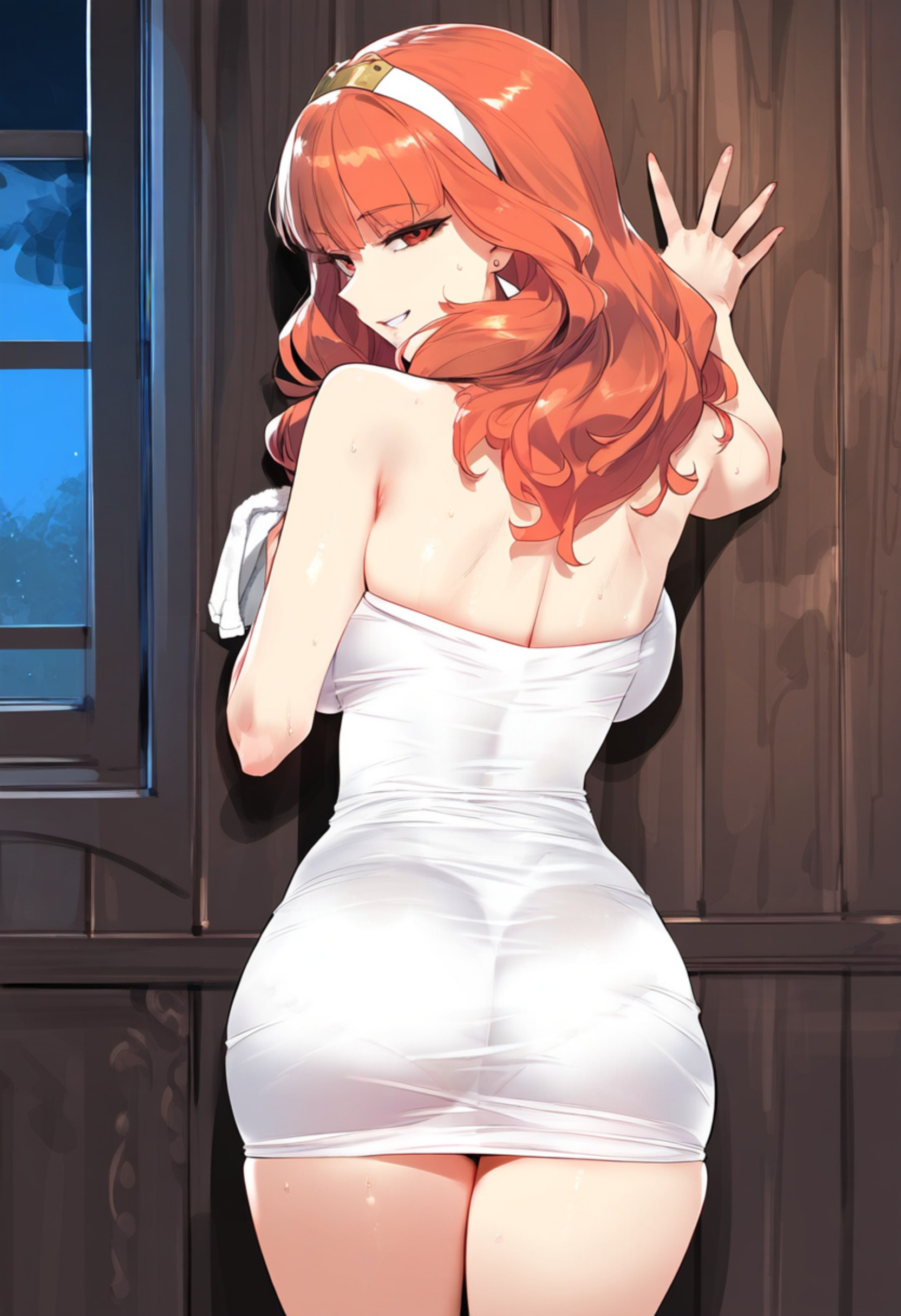 1girls, ai generated, ass, back, big ass, blush, breasts, celica (fire emblem), female, fire emblem, large breasts, medium hair, naked towel, orange hair, presenting ass, presenting hindquarters, princess, red eyes, royalty, seductive, seductive smile, solo, towel, white towel